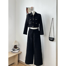 批发气质小香风黑色短款外套女秋<b class='q'>冬</b>季新款高级感宽松直筒长裤两件套装