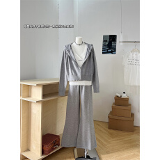 批发套装女2026新款韩系慵懒风松弛感白色打底衫<b class='q'>拉链</b>开衫外套直筒长裤