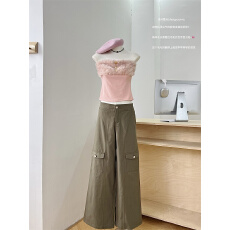 批发法式设计感气质性感毛毛拼接抹胸背心女秋<b class='q'>冬</b>高腰垂感阔腿长裤套装