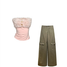 批发法式设计感气质性感毛毛拼接抹胸背心女秋<b class='q'>冬</b>高腰垂感阔腿长裤套装