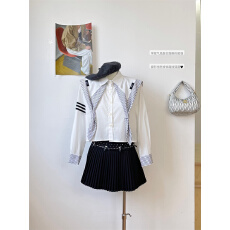 批发韩系小众设计感洋气减龄海军领衬衣2026春季高腰显瘦<b class='q'>百褶</b><b class='q'>短裙</b>套装