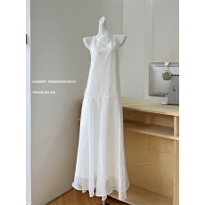 批发轻薄宽松小众设计感网纱无袖<b class='q'>白色</b>连衣裙温柔风气质简约休闲<b class='q'>长裙女</b>