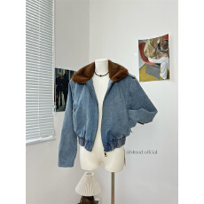 批发老钱风牛仔拼接毛领别致保暖毛毛外套女装<b class='q'>冬</b>季高级感加厚牛仔外套