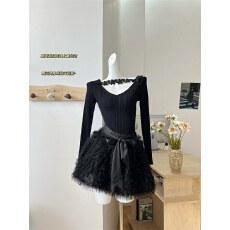 批发一字肩蕾丝拼接长袖针织衫女<b class='q'>冬</b>季黑色套装蝴蝶结蓬蓬半身裙两件套