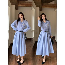 批发实拍大码2026春季新款条纹百搭显瘦文艺复古收腰长袖衬衫连衣裙