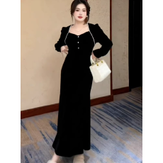 批发大码法式赫本风丝绒连衣裙女春秋胖mm显瘦遮肉红色圣诞复古鱼尾裙