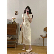 批发实拍 大码新中式<b class='q'>提花</b>改良旗袍<b class='q'>连衣裙</b>夏胖mm复古国风修身显瘦长裙