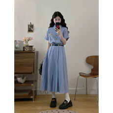 批发实拍 大码2026夏季新款蓝色条纹百搭显瘦文艺复古收腰衬衫连衣裙