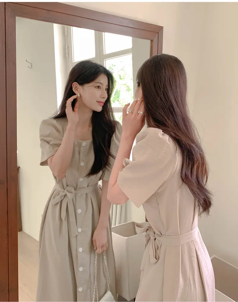 프렌치 스타일 방형 넥 원피스 상세 이미지 1