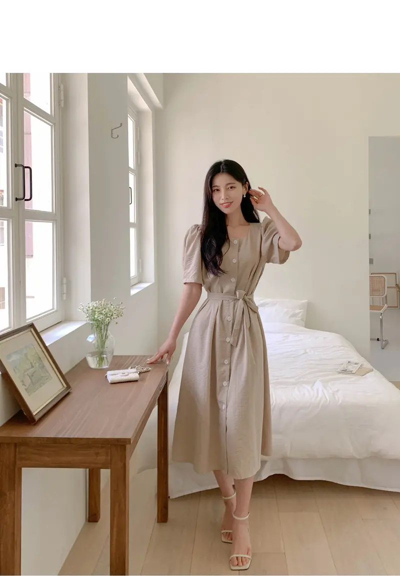 프렌치 스타일 방형 넥 원피스 상세 이미지 5