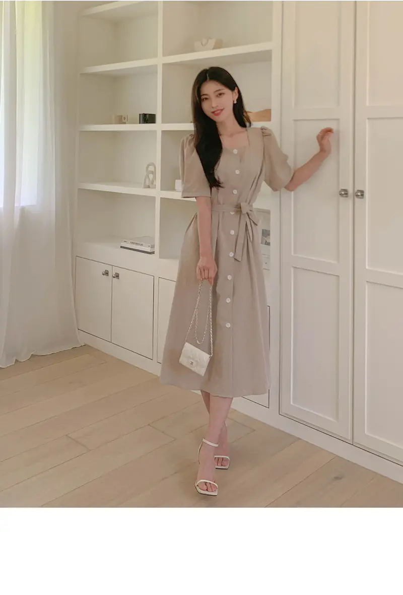프렌치 스타일 방형 넥 원피스 상세 이미지 13