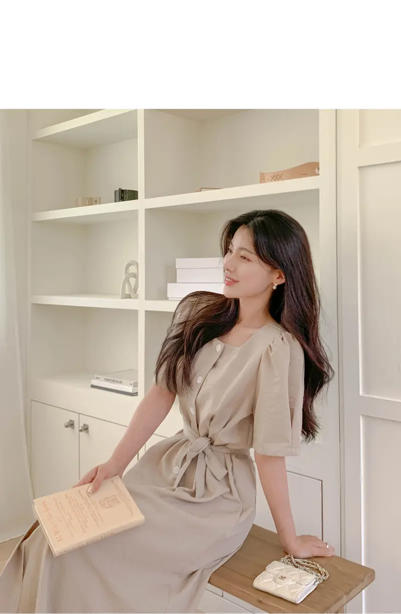 프렌치 스타일 방형 넥 원피스 상세 이미지 14