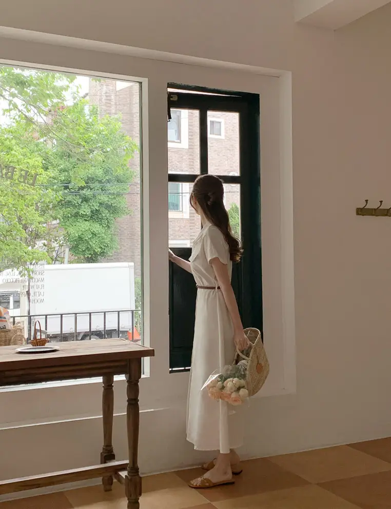 폴드 칼라 복고풍 원피스(허리끈 포함) 상세 이미지 3