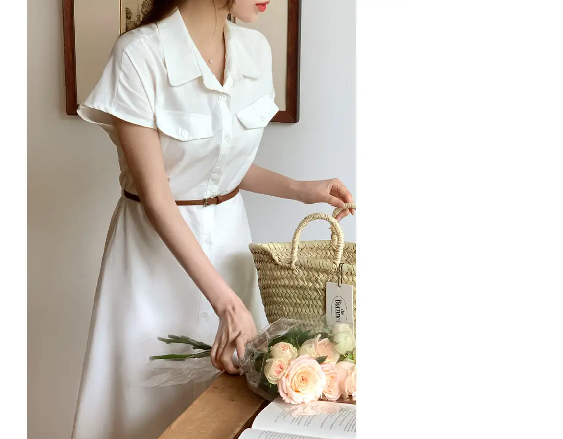 폴드 칼라 복고풍 원피스(허리끈 포함) 상세 이미지 5