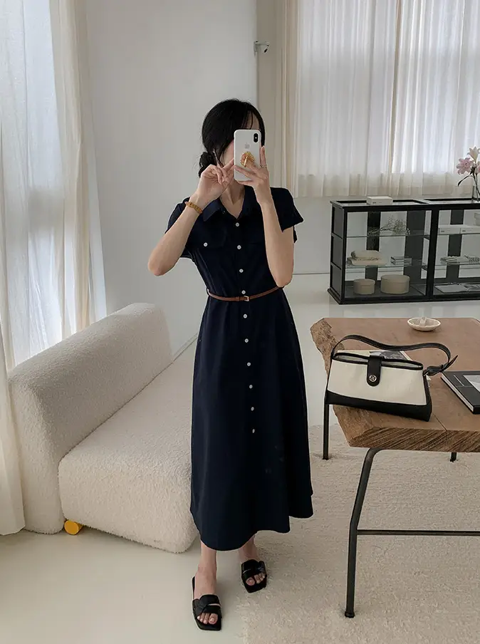 폴드 칼라 복고풍 원피스(허리끈 포함) 상세 이미지 20