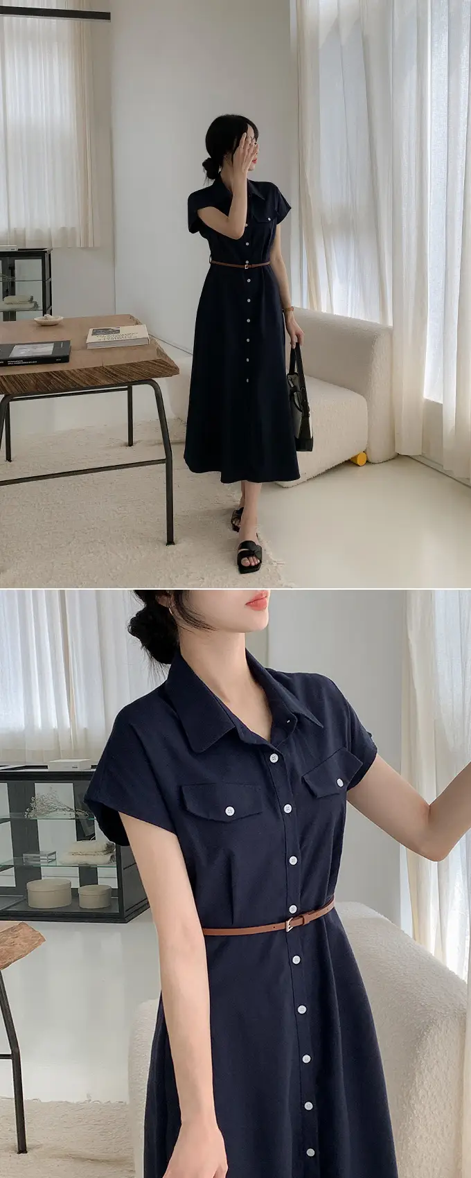 폴드 칼라 복고풍 원피스(허리끈 포함) 상세 이미지 23