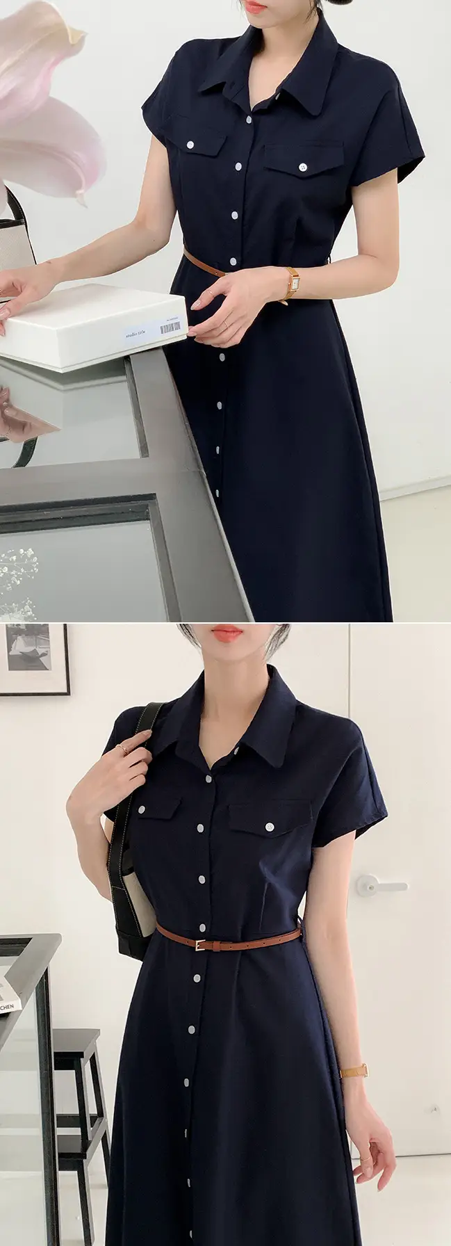 폴드 칼라 복고풍 원피스(허리끈 포함) 상세 이미지 27