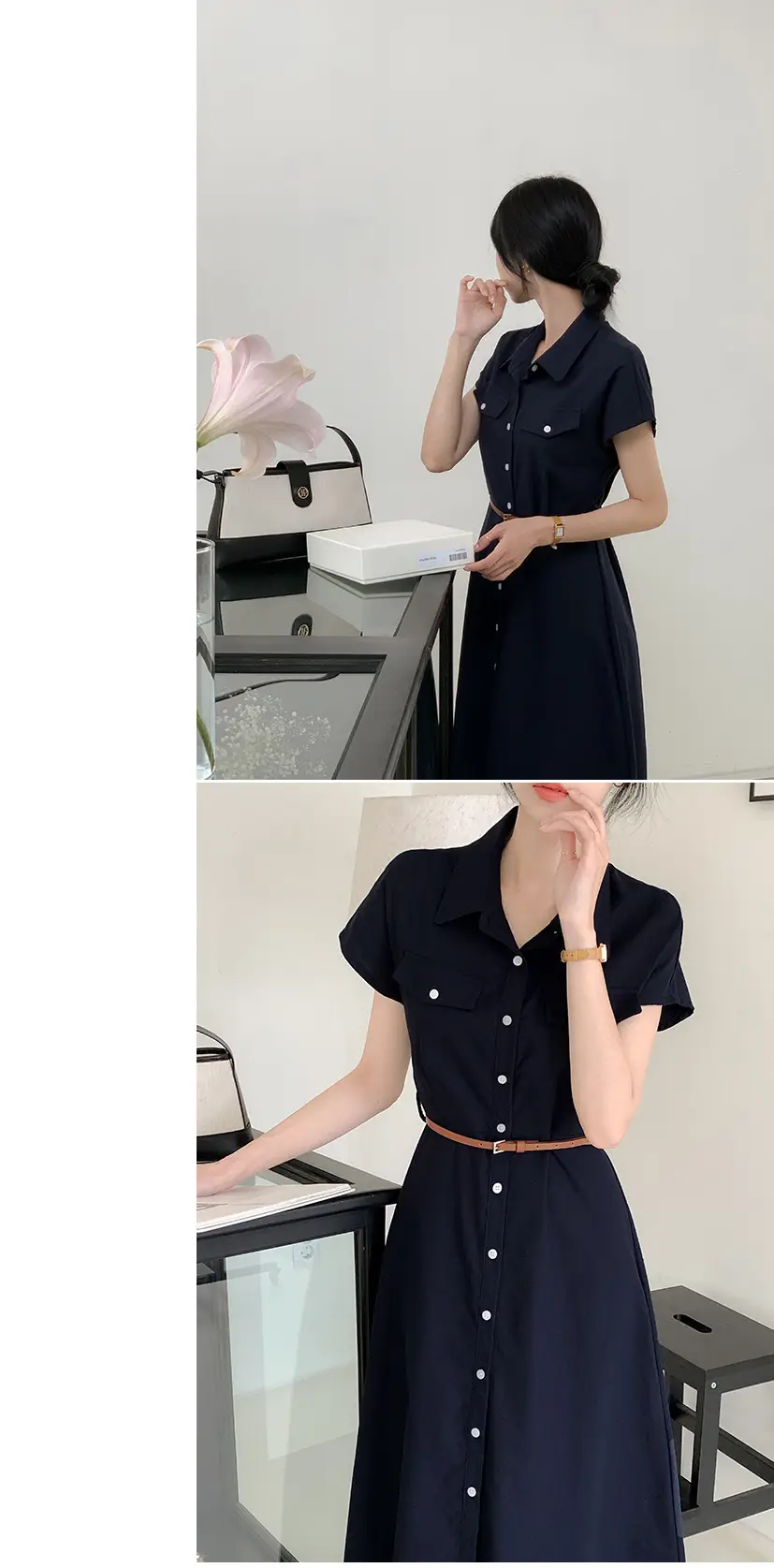 폴드 칼라 복고풍 원피스(허리끈 포함) 상세 이미지 28
