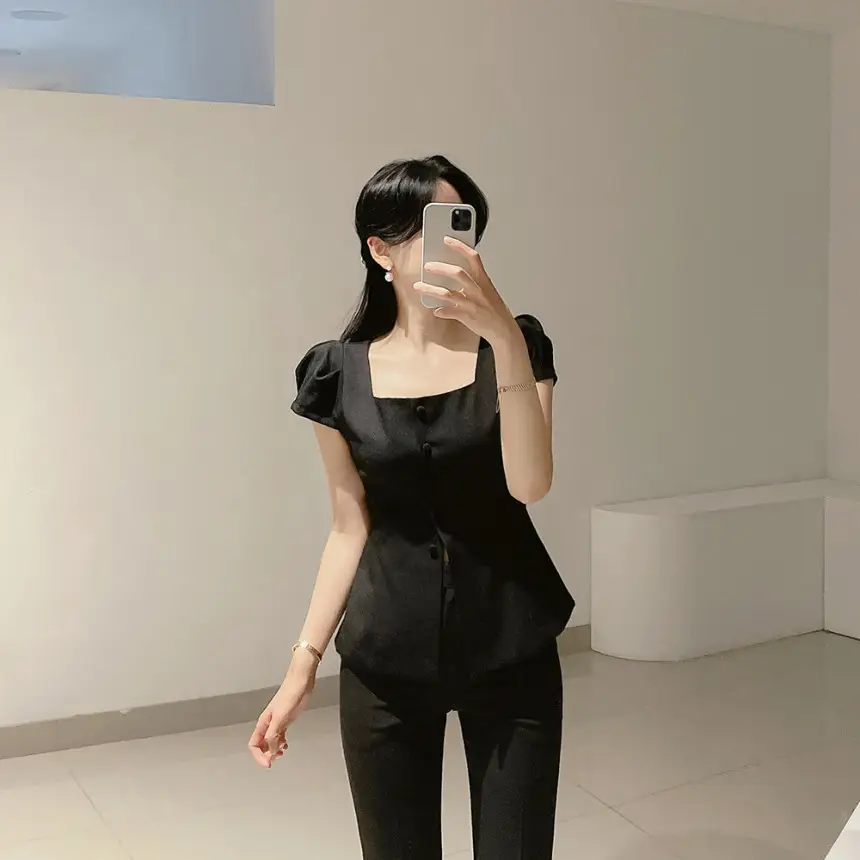 프렌치 스타일 사각 넥 리본 셔츠 상세 이미지 11