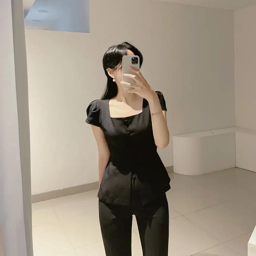 프렌치 스타일 사각 넥 리본 셔츠 상세 이미지 13