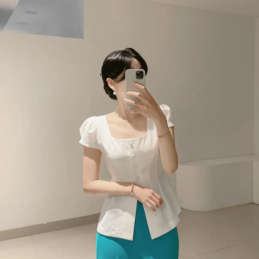 프렌치 스타일 사각 넥 리본 셔츠 상세 이미지 33