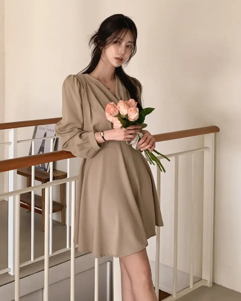 프렌치 스타일 V넥 리본 원피스 상세 이미지 10