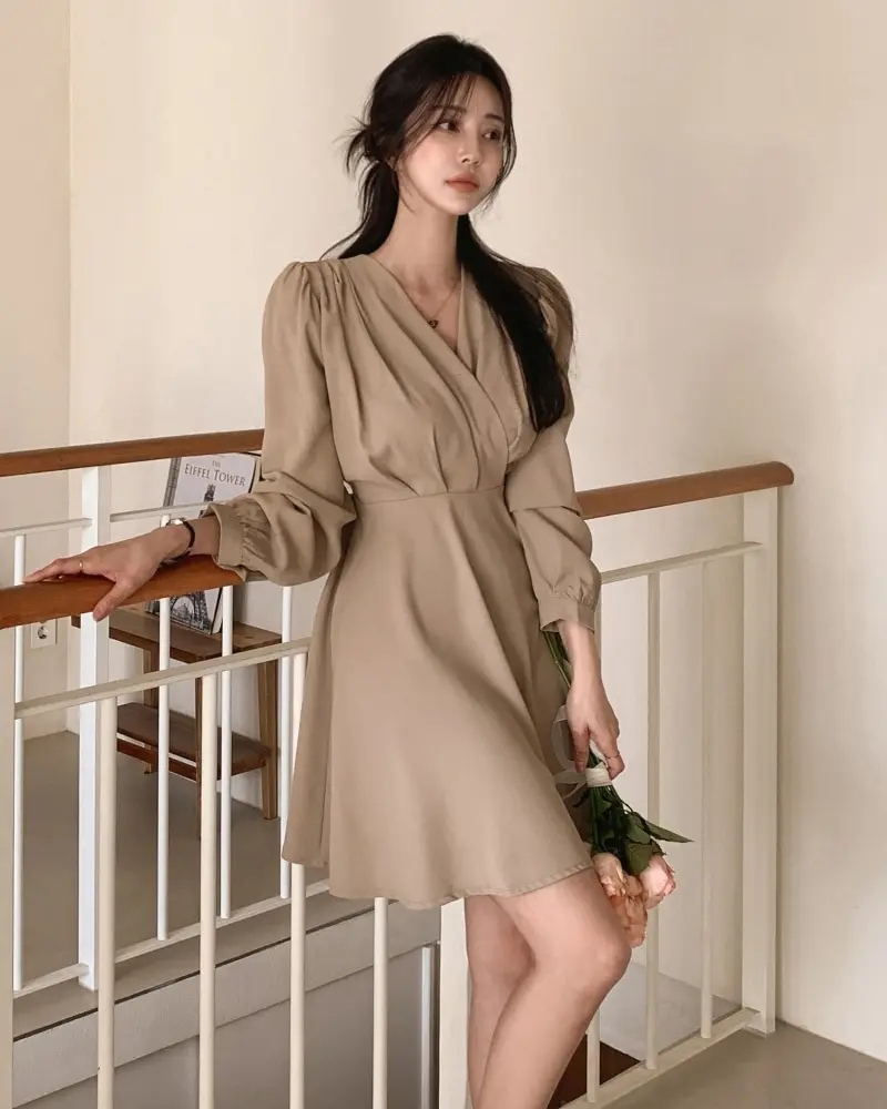 프렌치 스타일 V넥 리본 원피스 상세 이미지 11
