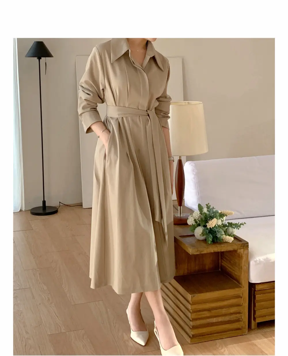 폴드 칼라 긴소매 허리 조임 원피스 상세 이미지 3