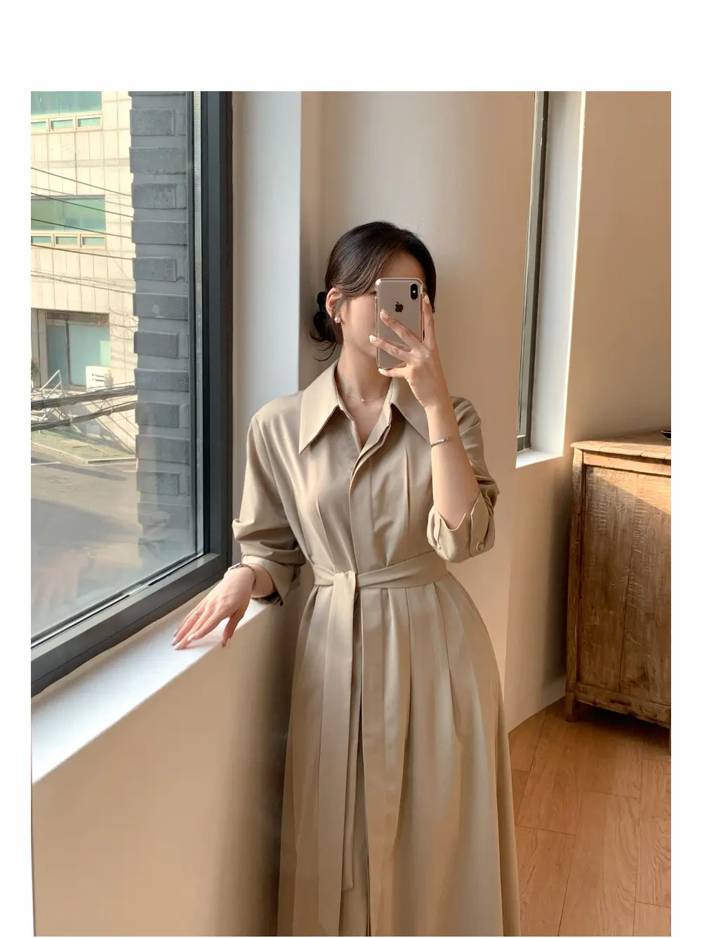 폴드 칼라 긴소매 허리 조임 원피스 상세 이미지 4