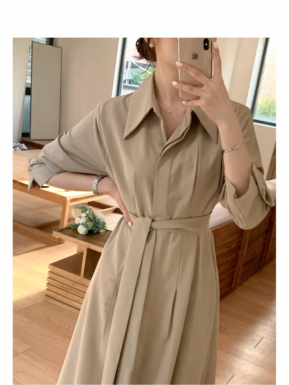 폴드 칼라 긴소매 허리 조임 원피스 상세 이미지 5