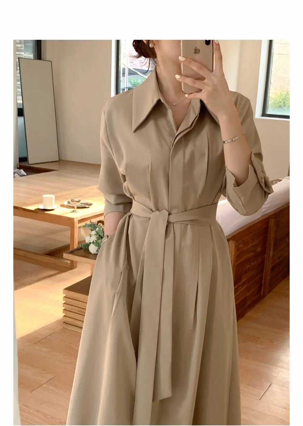 폴드 칼라 긴소매 허리 조임 원피스 상세 이미지 6