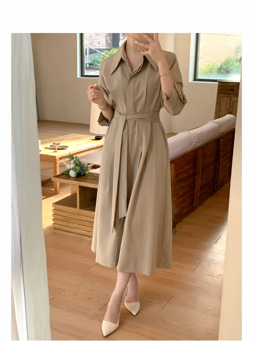 폴드 칼라 긴소매 허리 조임 원피스 상세 이미지 7