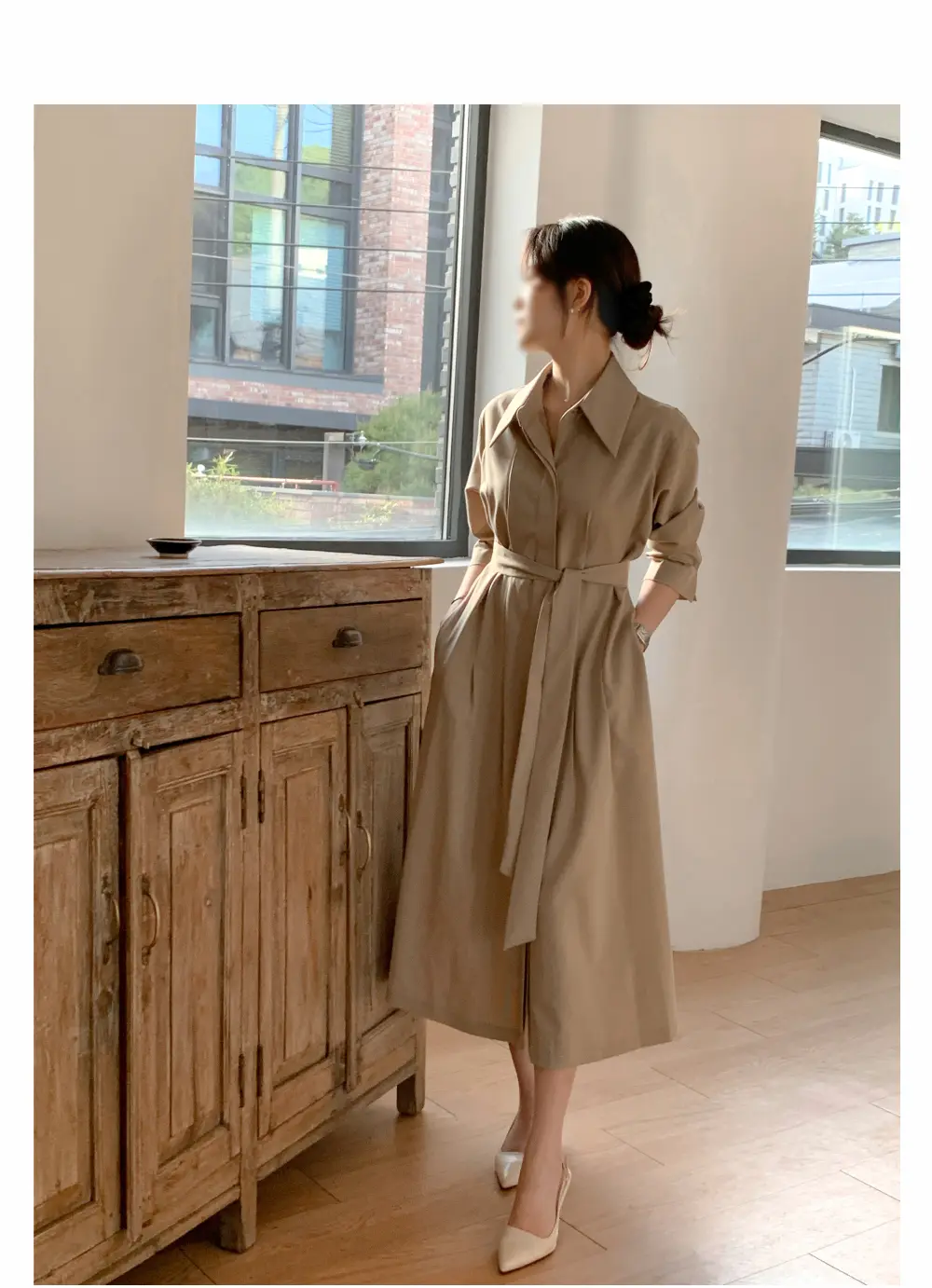 폴드 칼라 긴소매 허리 조임 원피스 상세 이미지 12