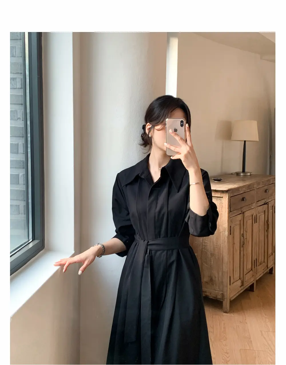폴드 칼라 긴소매 허리 조임 원피스 상세 이미지 19