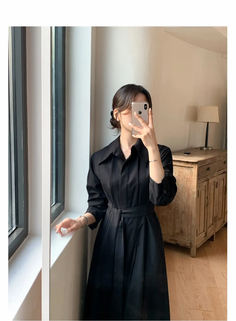 폴드 칼라 긴소매 허리 조임 원피스 상세 이미지 20