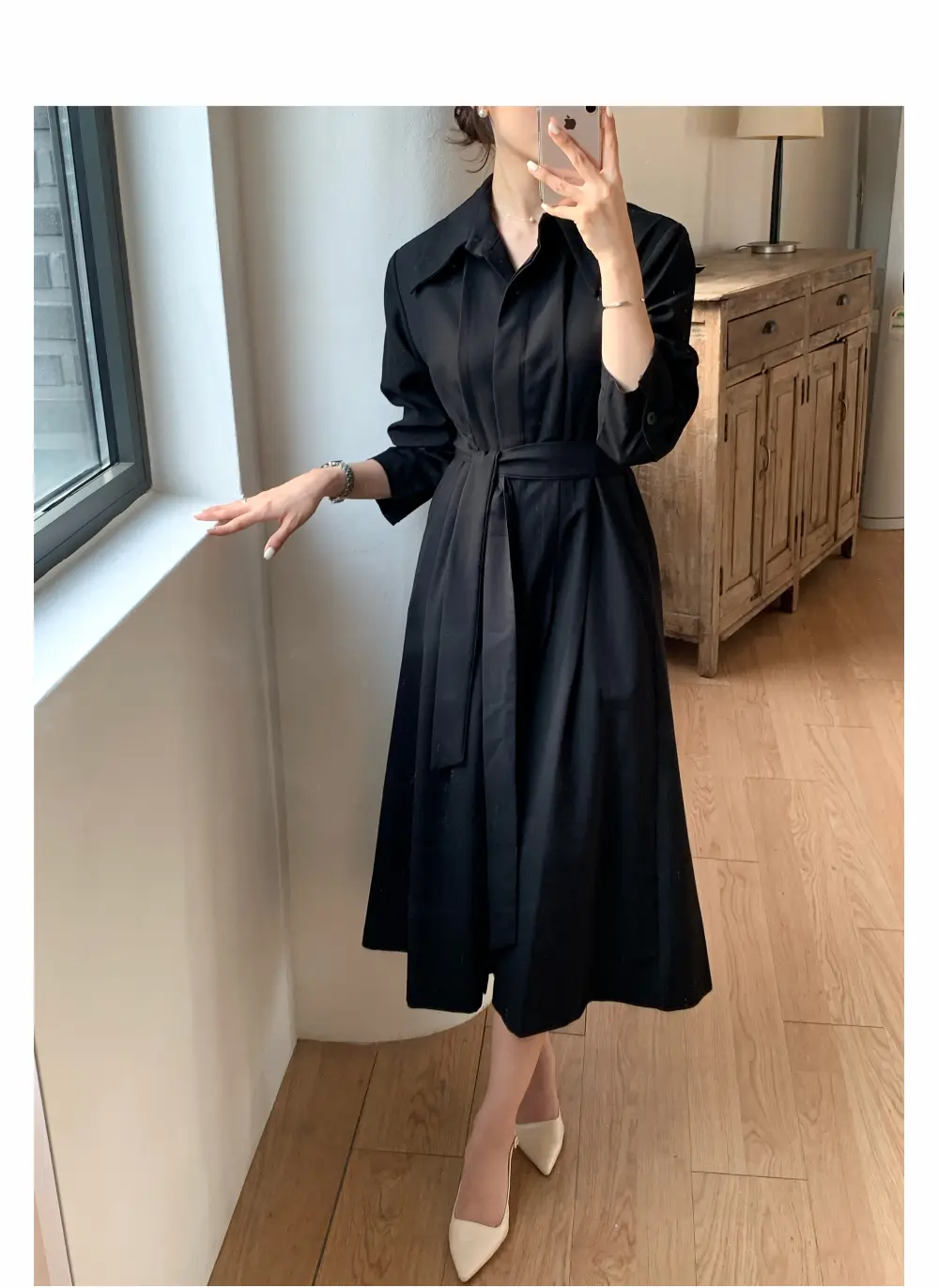 폴드 칼라 긴소매 허리 조임 원피스 상세 이미지 21