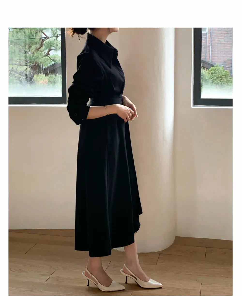 폴드 칼라 긴소매 허리 조임 원피스 상세 이미지 22