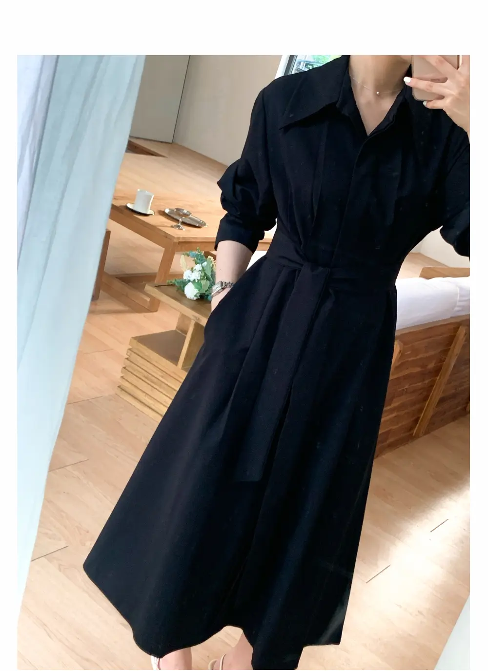 폴드 칼라 긴소매 허리 조임 원피스 상세 이미지 23