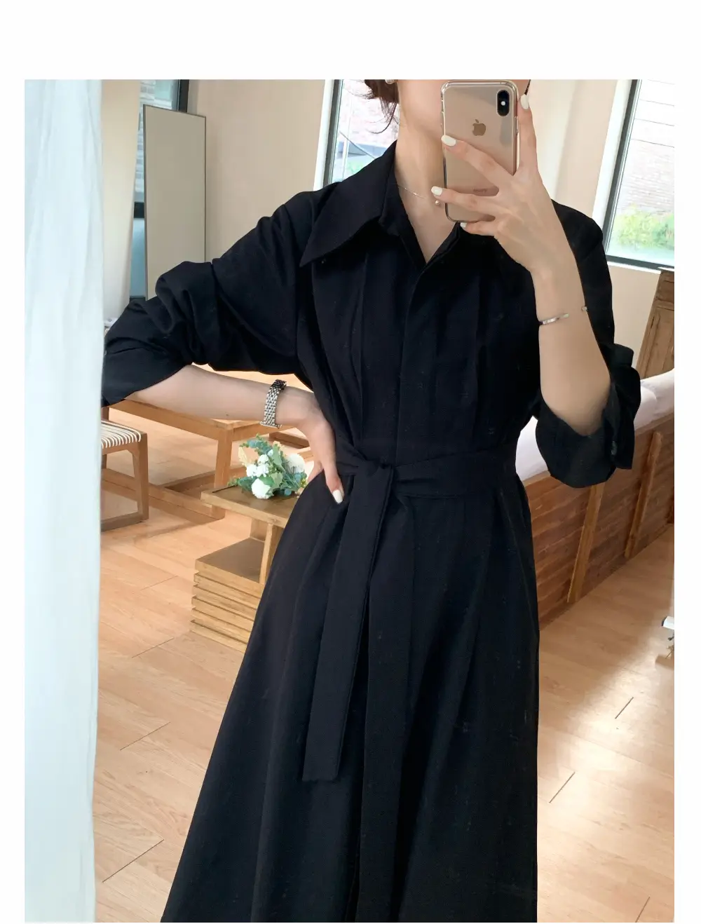 폴드 칼라 긴소매 허리 조임 원피스 상세 이미지 24