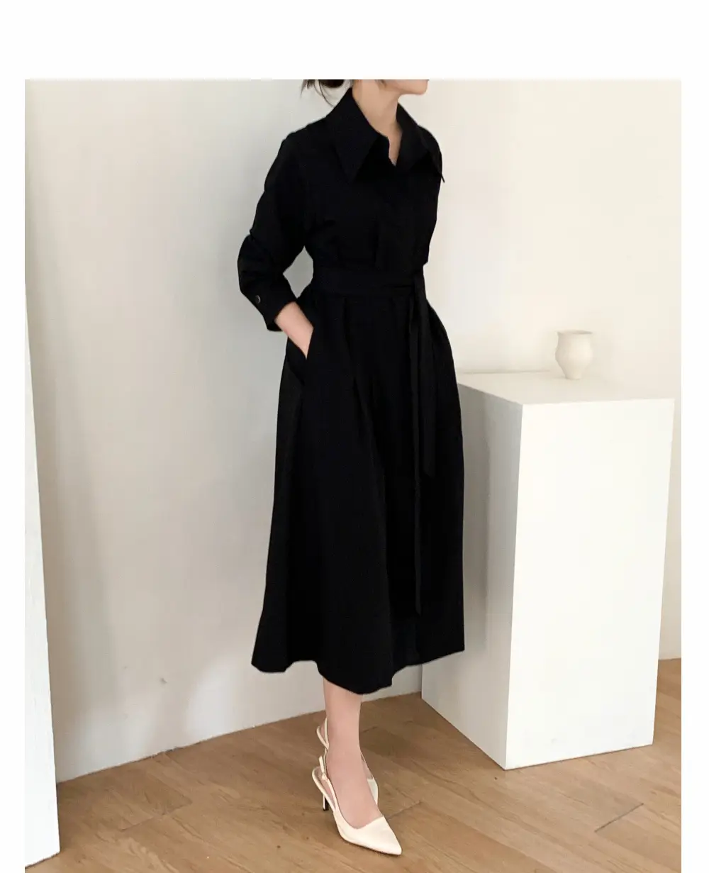 폴드 칼라 긴소매 허리 조임 원피스 상세 이미지 25