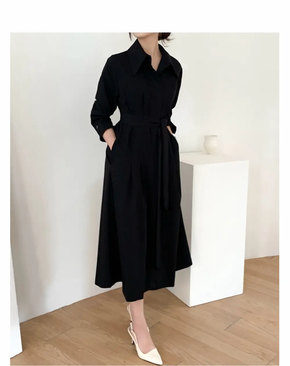 폴드 칼라 긴소매 허리 조임 원피스 상세 이미지 26