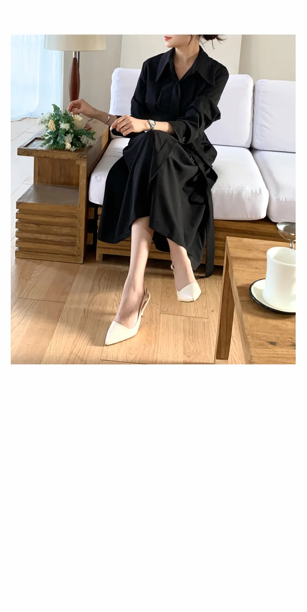 폴드 칼라 긴소매 허리 조임 원피스 상세 이미지 29