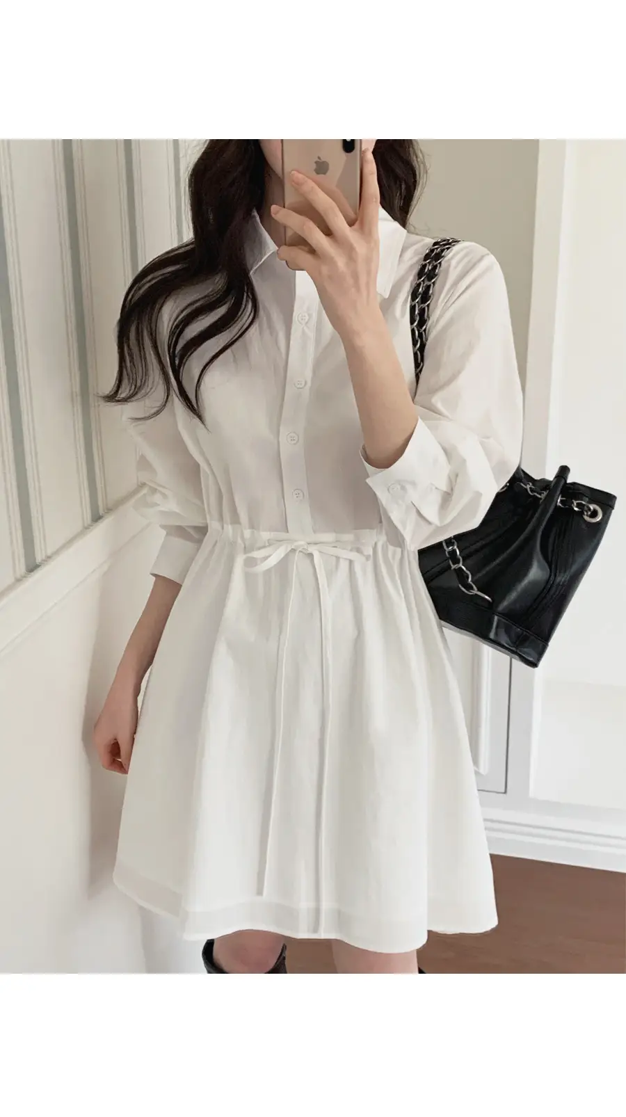 한국풍 통근용 허리 조절 셔츠 원피스 상세 이미지 1