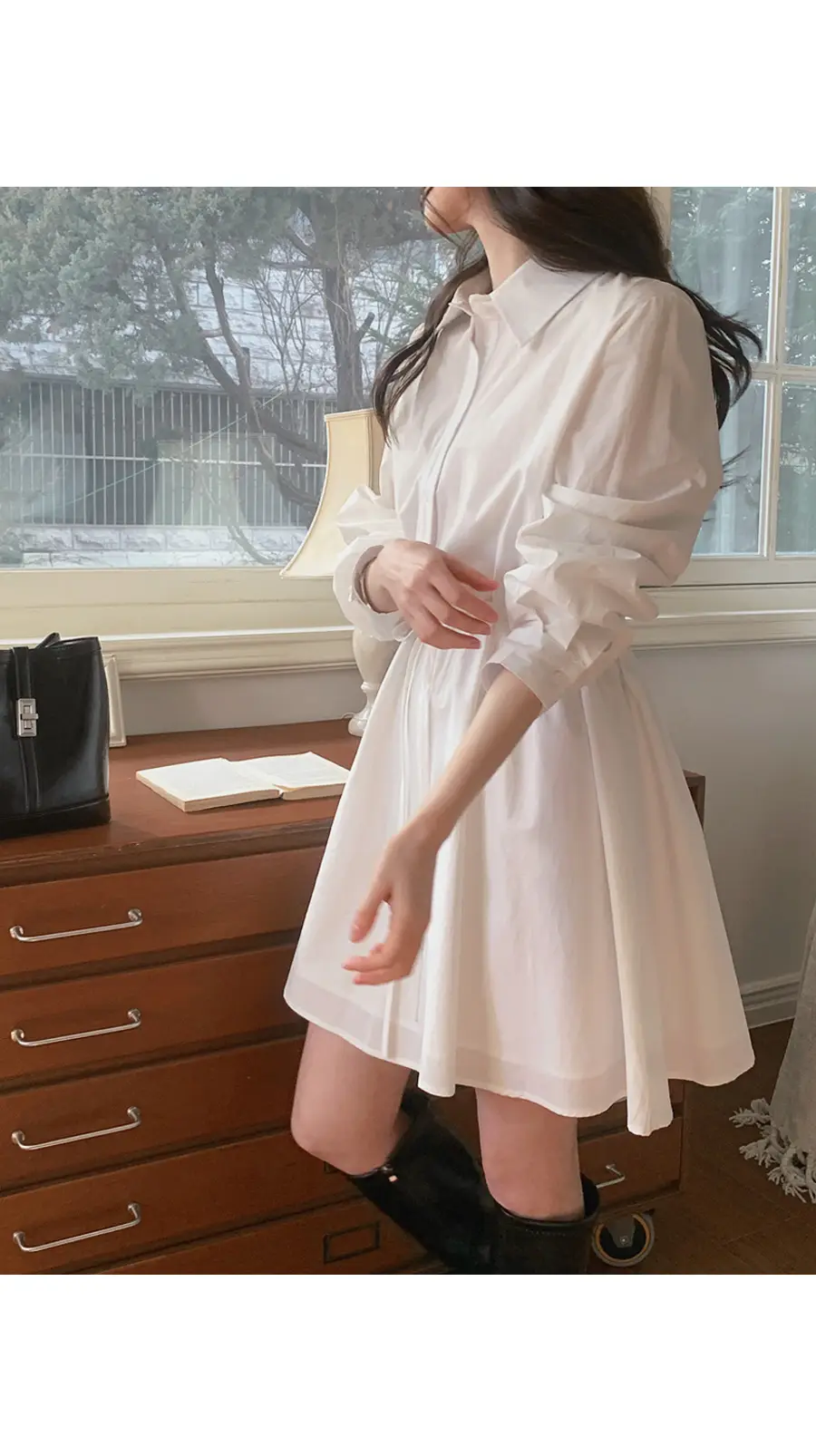 한국풍 통근용 허리 조절 셔츠 원피스 상세 이미지 3