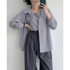 批发韩国chic 小众翻领条纹<b class='q'>衬衣</b>吊带两件套