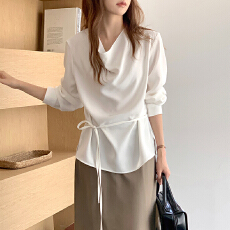 批发尺寸已更新 韩国chic 气质法式领口<b class='q'>不规则</b>设计系带百搭上衣