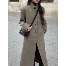 批发韩国chic 法式复古气质单排扣呢子大衣长款外套