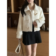 批发韩国chic 冬季牛角扣毛呢短款保暖夹棉里<b class='q'>外套</b>