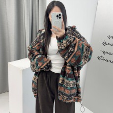 尺寸已更新 韩国chic 通勤费尔岛风粒绒双向拉链连帽外套