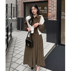 批发韩国chic 法式<b class='q'>翻领</b>气质系带收腰显瘦大裙摆<b class='q'>连衣裙</b>